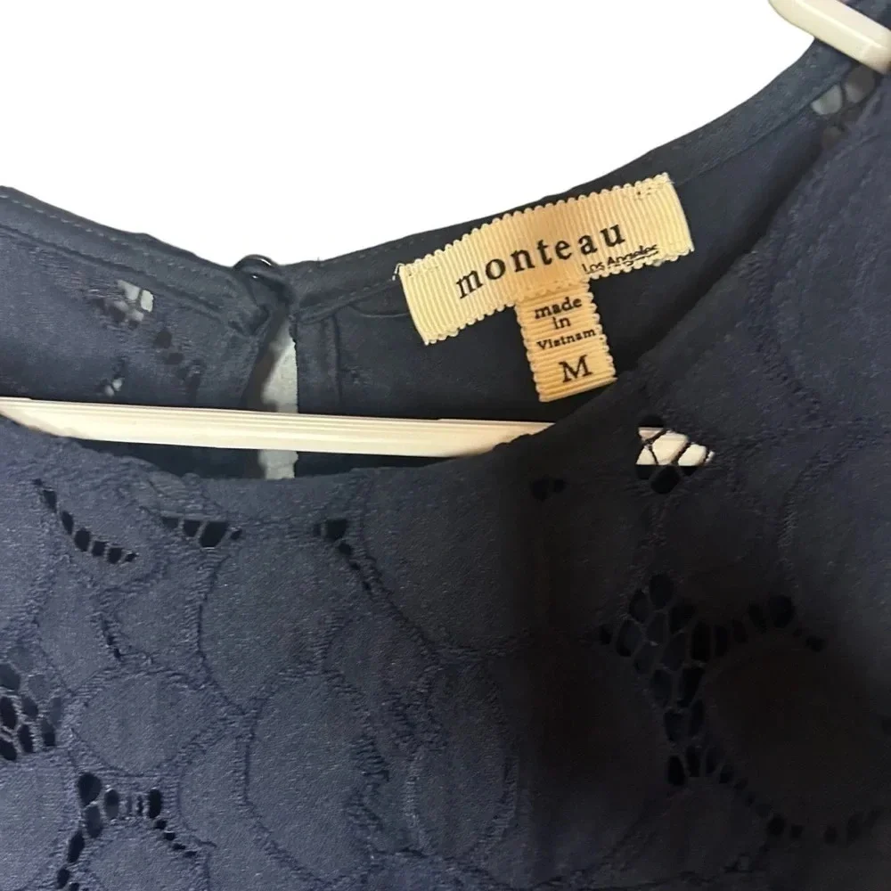 Monteau dress lace overlay flutter sleeve navy blue women’s size medium - Picture 5 of 10